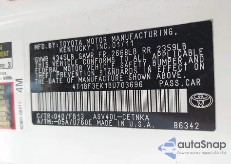 2011 Toyota Camry Le z USA, uszkodzony, nr VIN 4T1BF3EK1BU703696